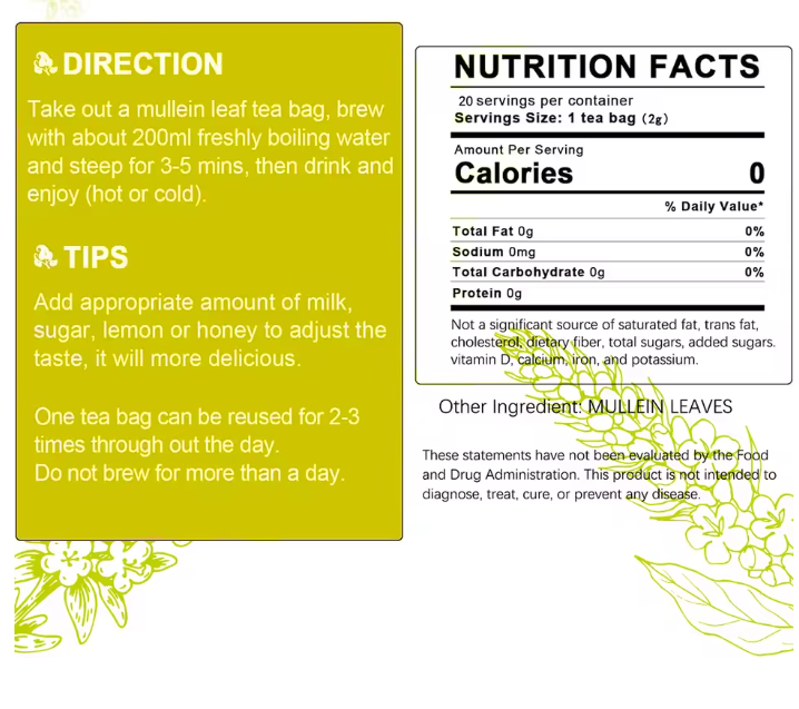 mullein respiratory support label with directions, tips, and nutrition facts on a white background.