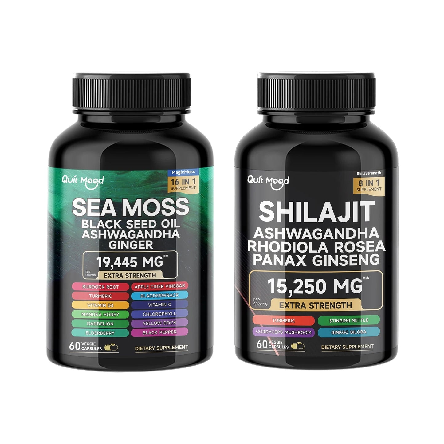 Sea Moss and Shilajit liquid bottles energy bundle herbal supplements for natural energy and wellness