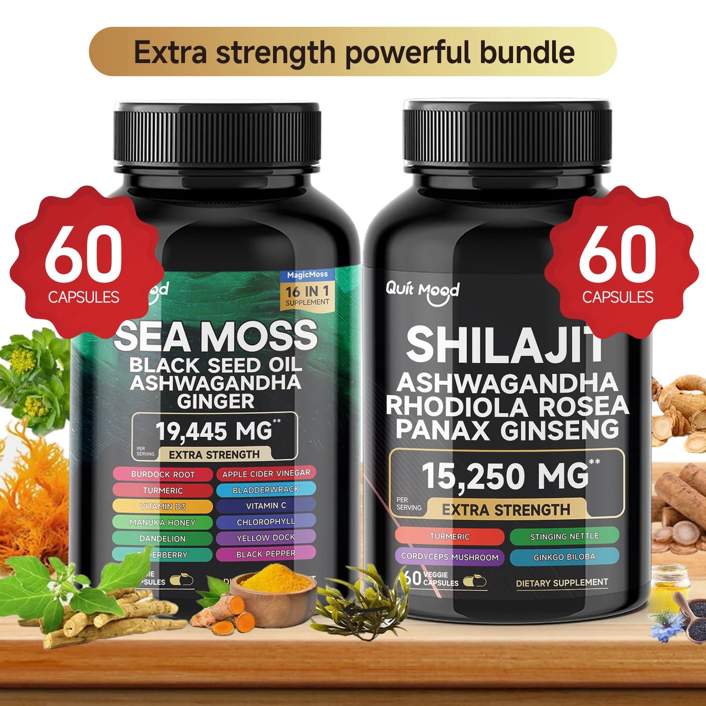 QuitMood Sea Moss and Shilajit Energy Bundle with Black Seed Oil Ashwagandha Turmeric Natural Vitality Support