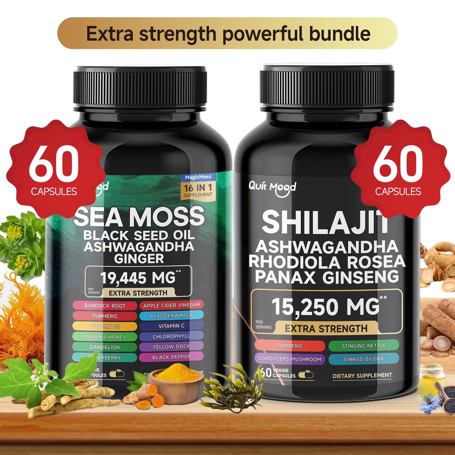 QuitMood Sea Moss and Shilajit Energy Bundle with Black Seed Oil Ashwagandha Turmeric Natural Vitality Support
