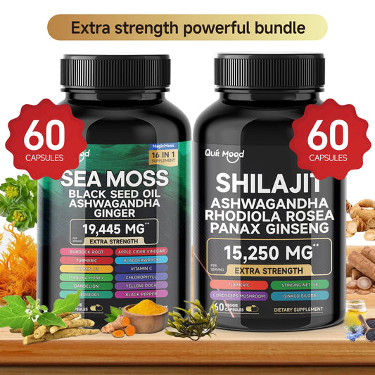 QuitMood Sea Moss and Shilajit Energy Bundle with Black Seed Oil Ashwagandha Turmeric Natural Vitality Support