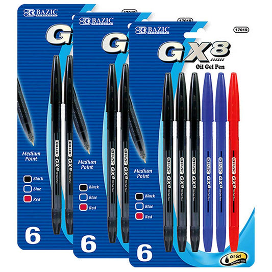 Pens GX-8 Assorted Oil Gel Ink Pen, Ballpoint Pens, Medium Point 1.0mm | 6 Ct