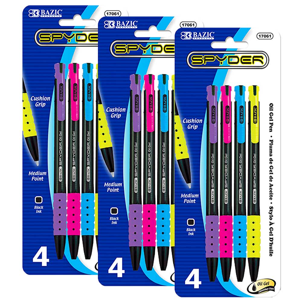 Pens, Spyder Oil-Gel Ink Black Retractable Pen, Soft Barrel Grip, Stick Ballpoint Pens Medium Point | 5 Ct