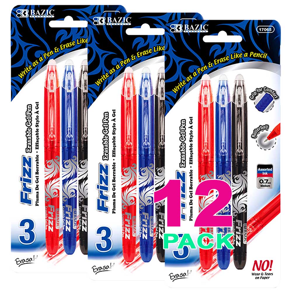 Frizz Erasable Gel Pen 0.7mm Assorted Color with Grip  | 3 Ct/Pack