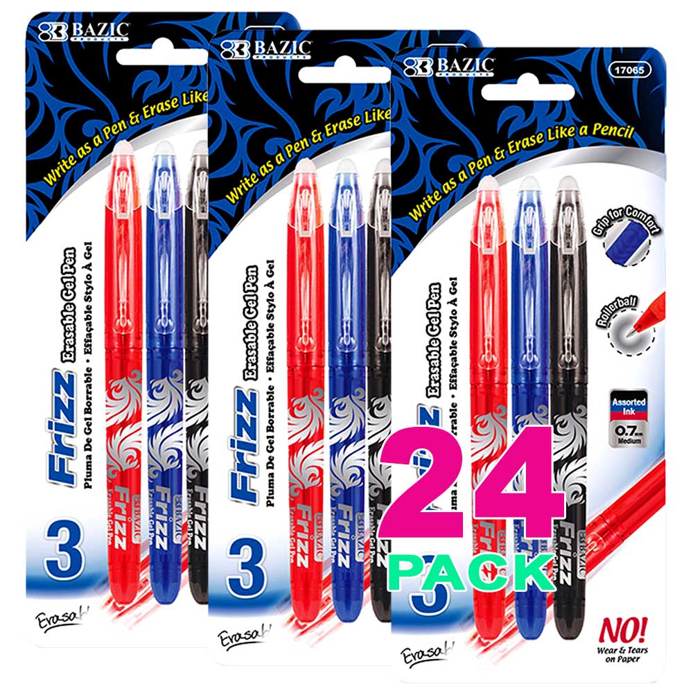 Frizz Erasable Gel Pen 0.7mm Assorted Color with Grip  | 3 Ct/Pack