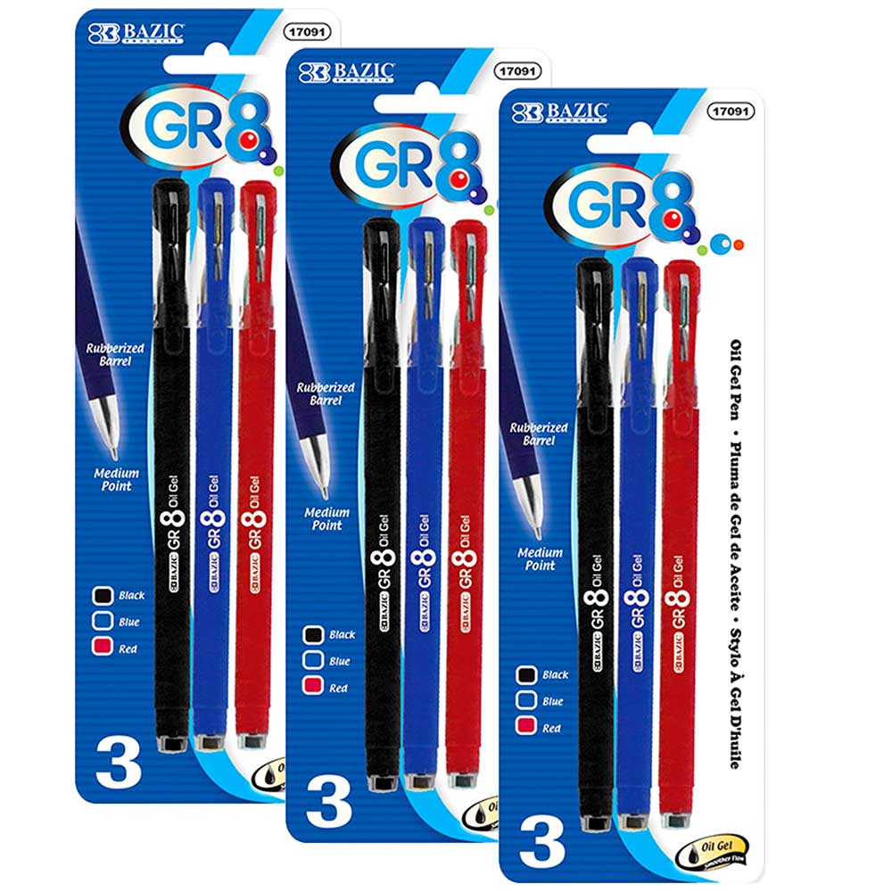 GR8 Assorted Color Oil Gel Ink Pen, Rubberized Matte Barrel | 3 Ct