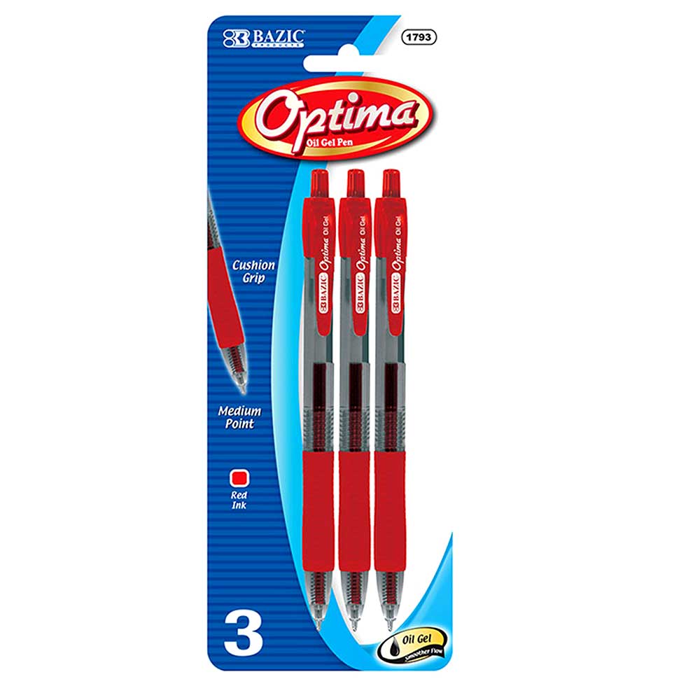 Optima Red Oil-Gel Ink Retractable Pen w/Grip | 3 Ct