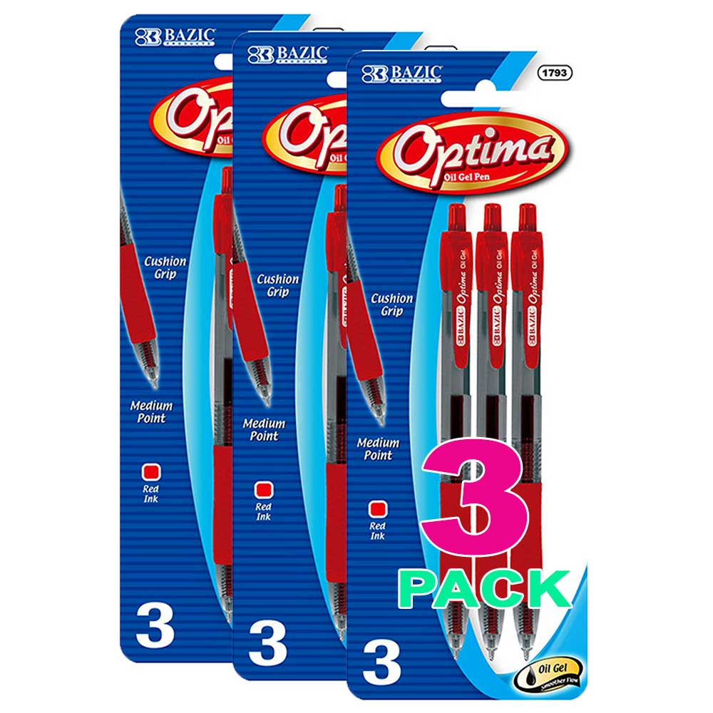 Optima Red Oil-Gel Ink Retractable Pen w/Grip | 3 Ct