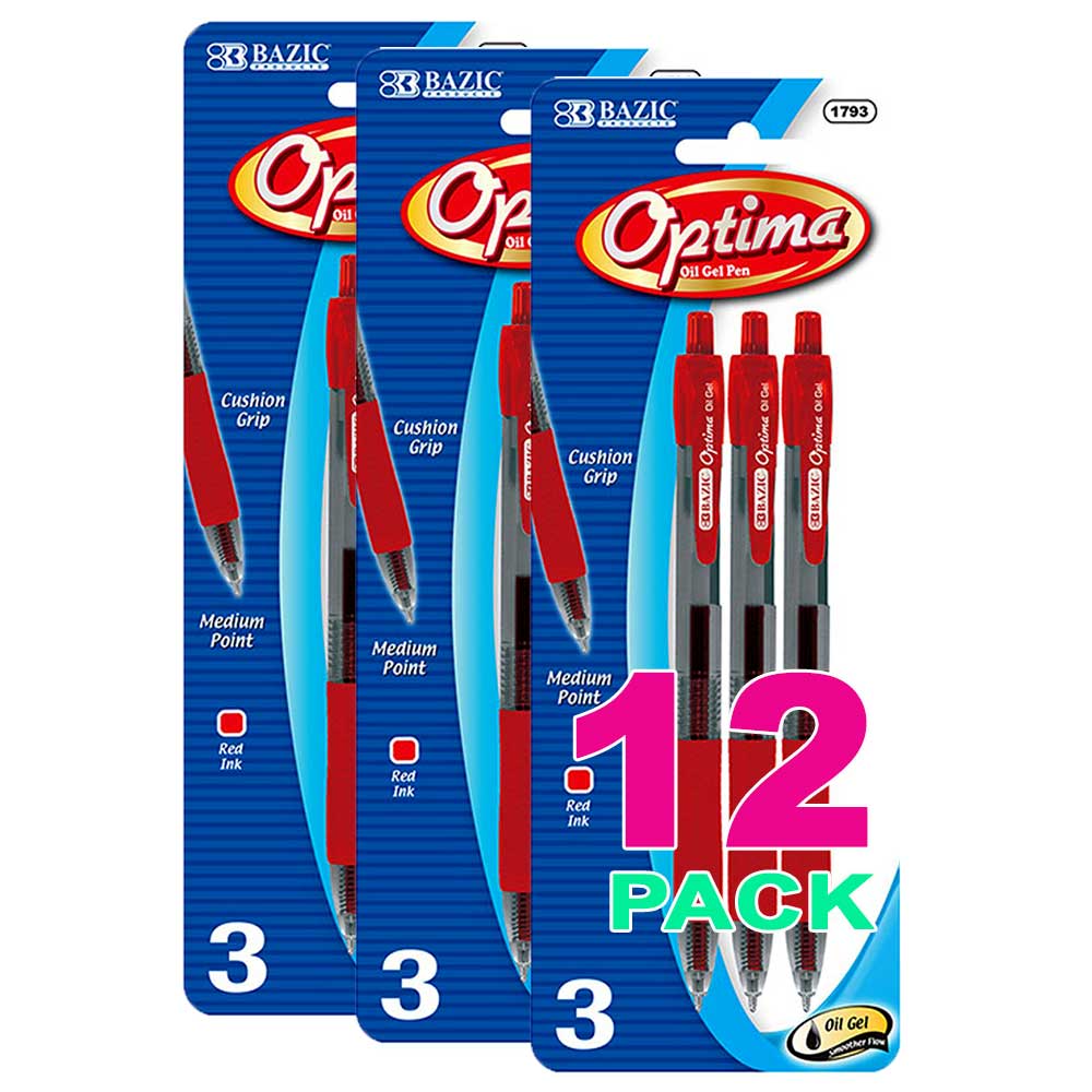 Optima Red Oil-Gel Ink Retractable Pen w/Grip | 3 Ct