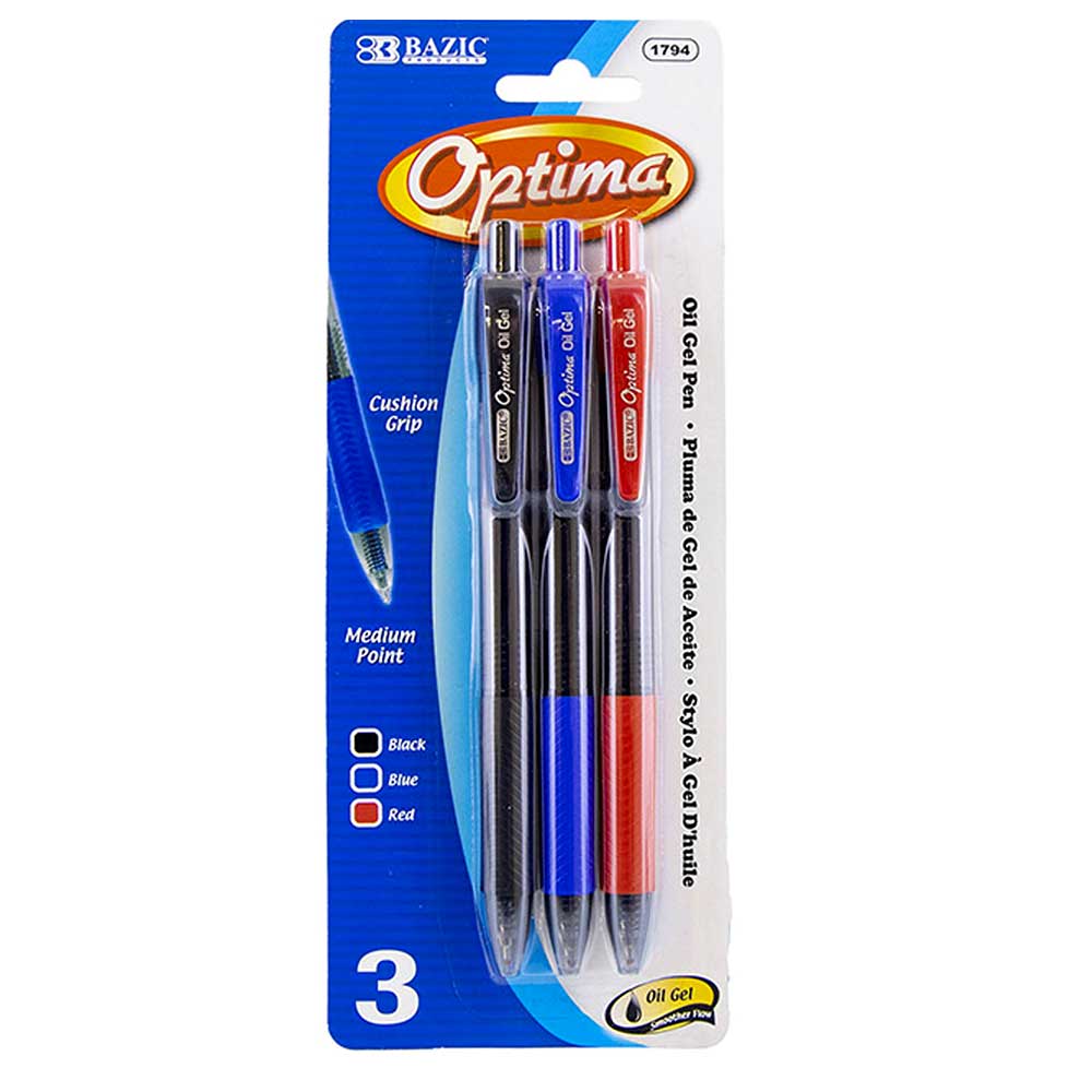 Pens Optima Assorted Oil-Gel Ink Retractable w/Grip | 3 Ct