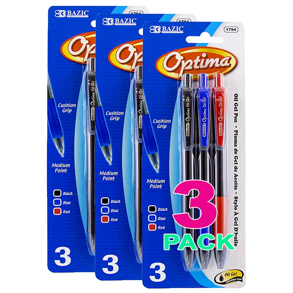 Pens Optima Assorted Oil-Gel Ink Retractable w/Grip | 3 Ct
