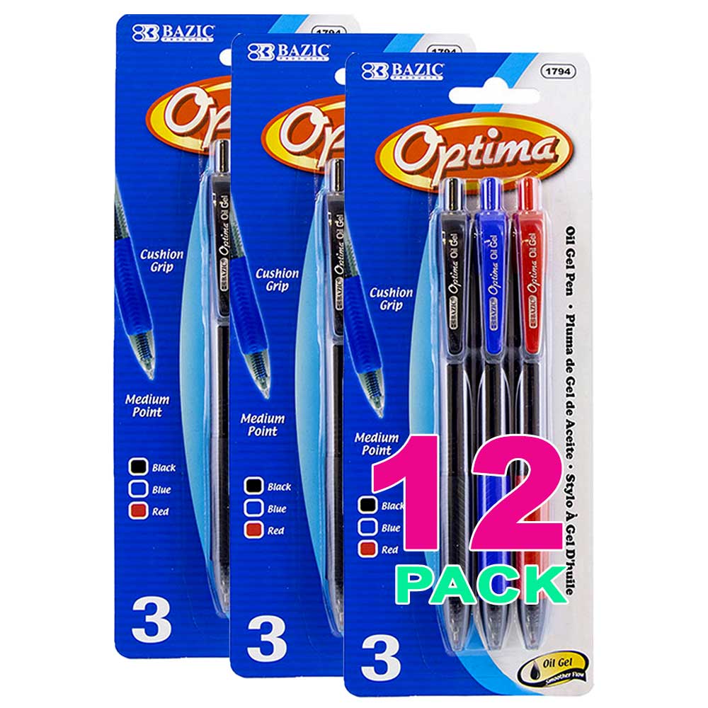 Pens Optima Assorted Oil-Gel Ink Retractable w/Grip | 3 Ct