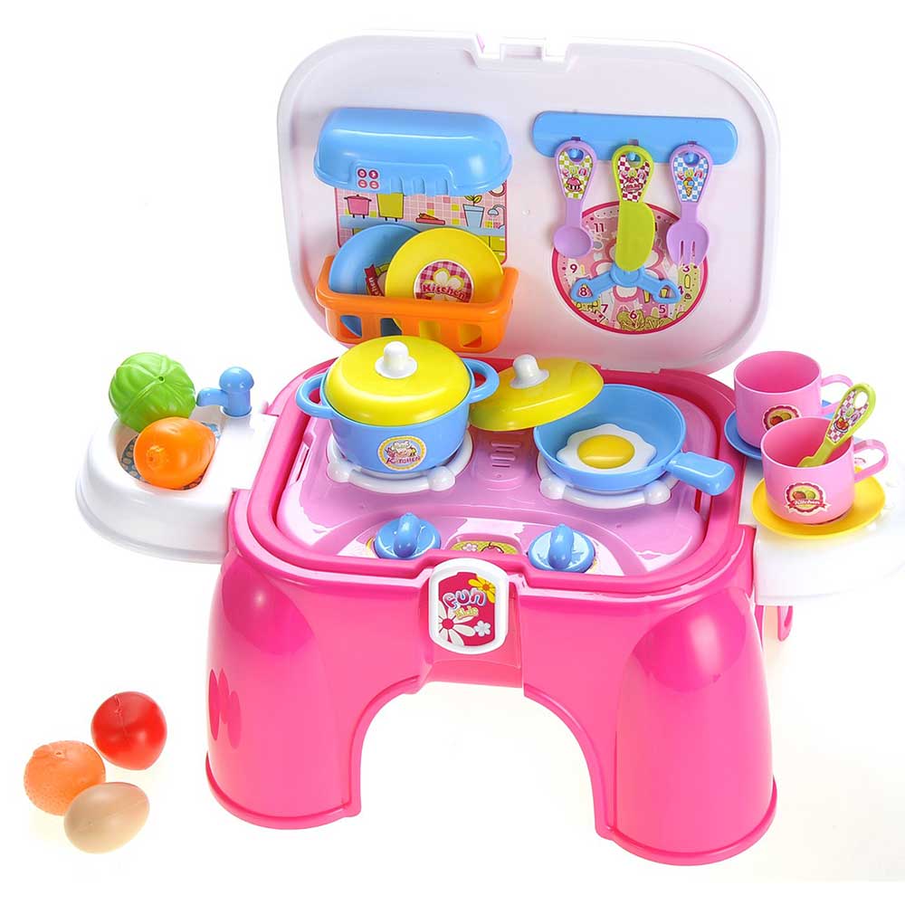 Portable Kids Kitchen Cooking Set Toy With Lights And Sounds, Folds Into Step Stool G8Central