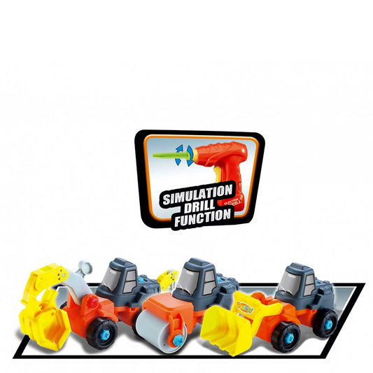 3-in-1 Take-A Part Construction Toy Truck With Power Tool (Bulldozer + Excavator + Roller)
