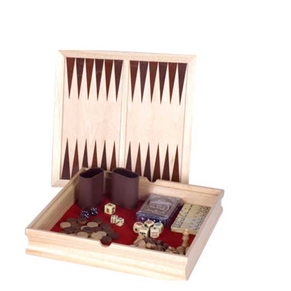 Wooden 6 in 1 Game Set: Chess, Checkers, Backgammon, Dominoes, Playing Cards, Dice