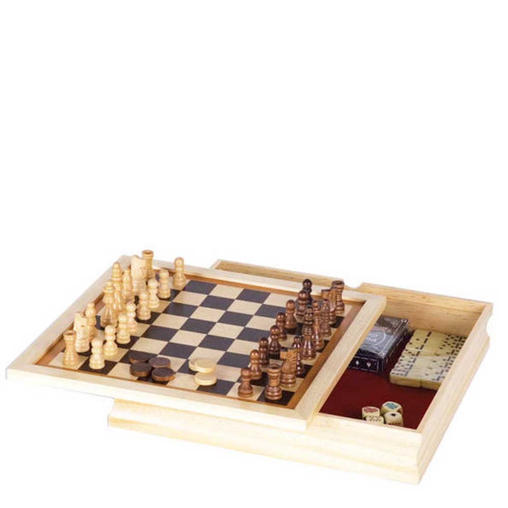 Wooden 6 in 1 Game Set: Chess, Checkers, Backgammon, Dominoes, Playing Cards, Dice