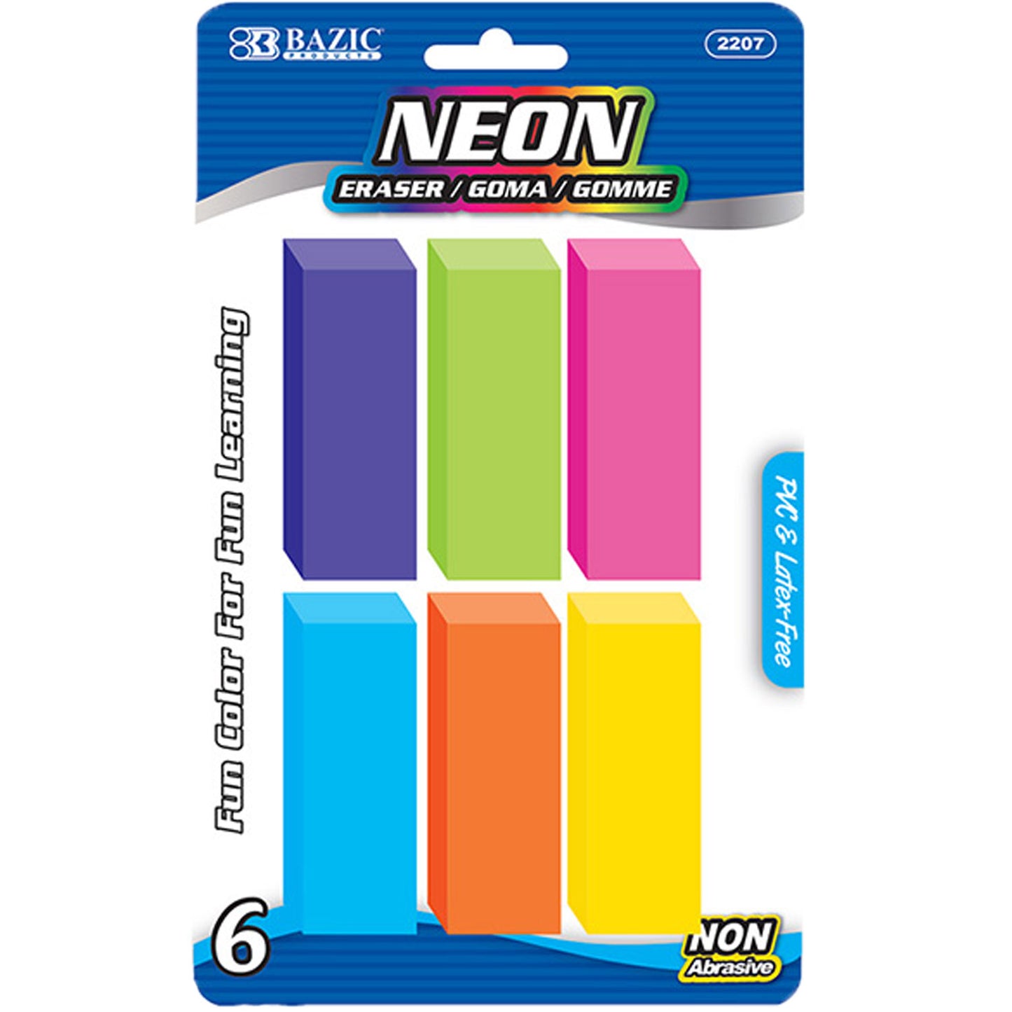 Neon Bevel Eraser, Large Size Eraser, Latex Free (6/Pack)