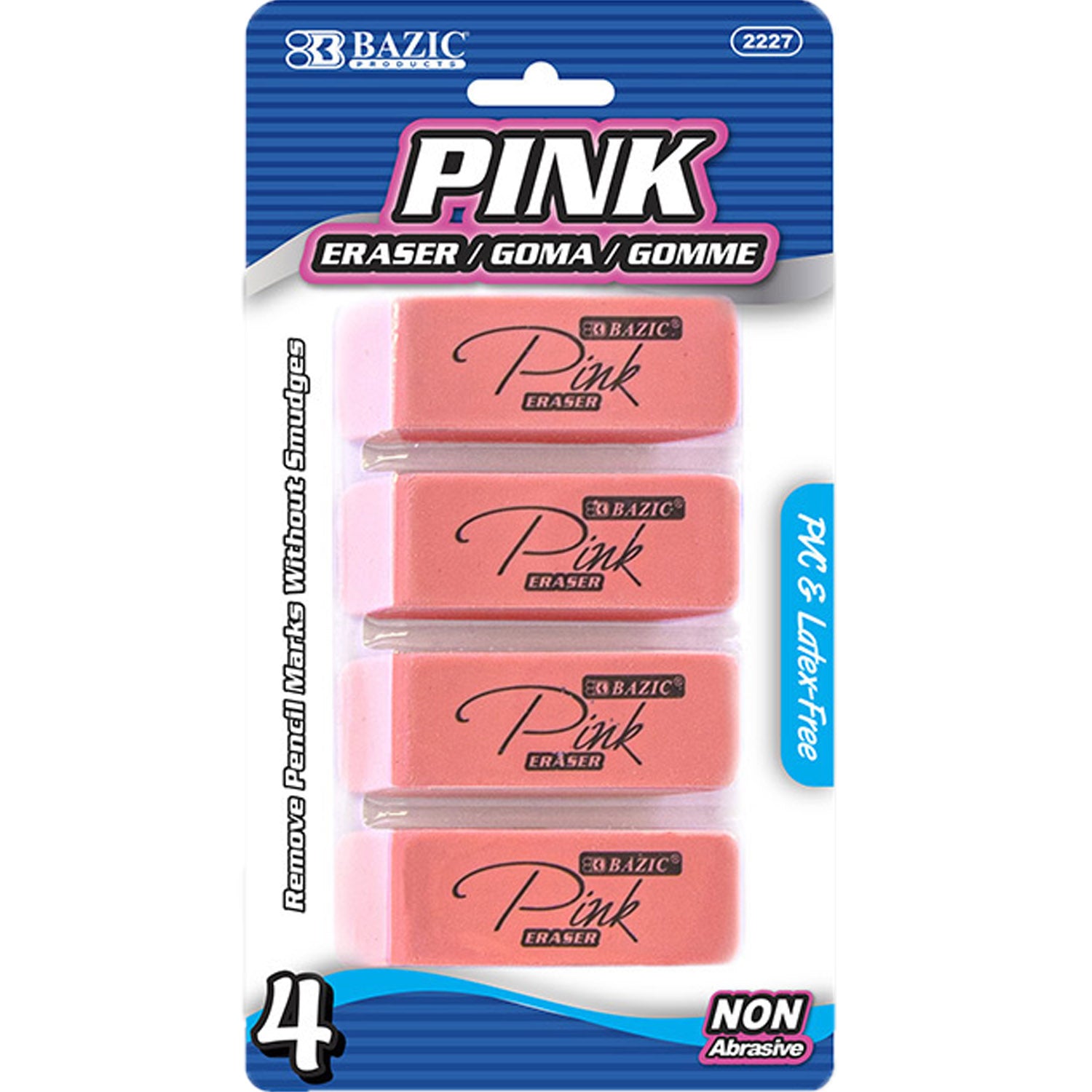 Pink Bevel Eraser for Kids, Latex Free (4/Pack)