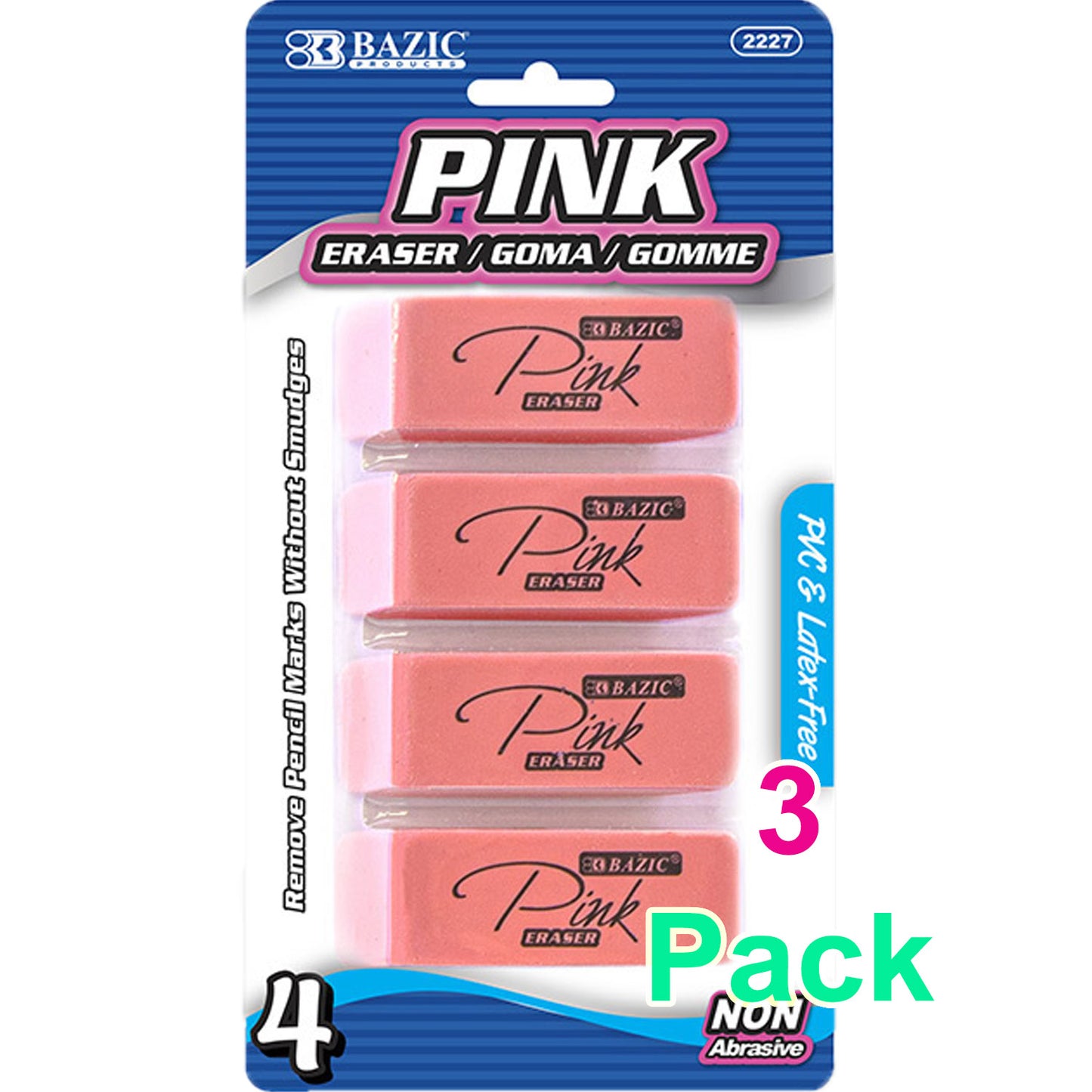 Pink Bevel Eraser for Kids, Latex Free (4/Pack)