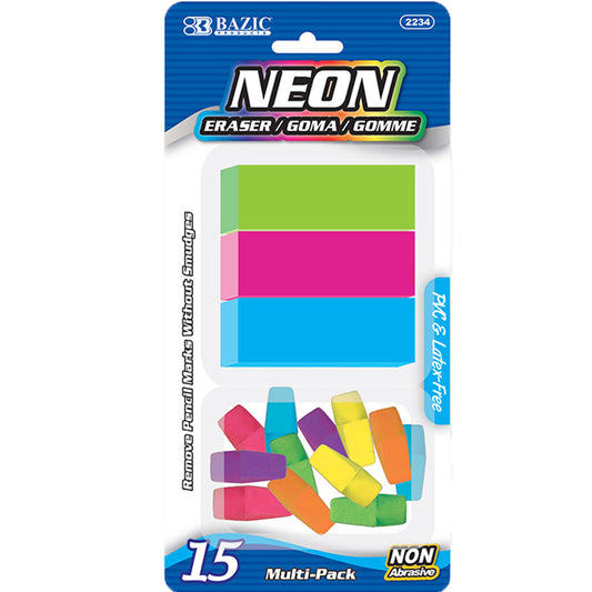 Neon Eraser Sets, Pencil Top + Block Bevel Erasers (15/Pack)