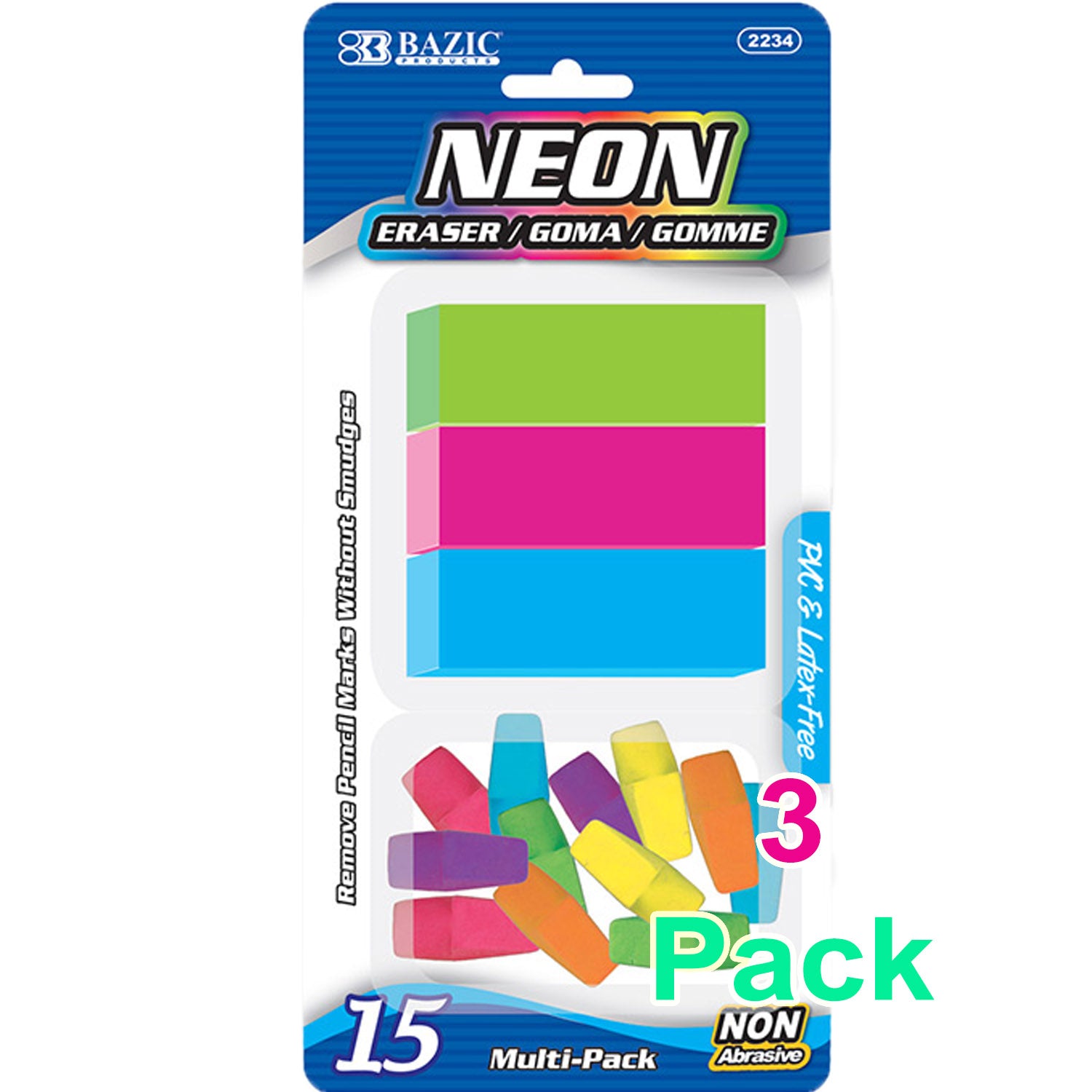 Neon Eraser Sets, Pencil Top + Block Bevel Erasers (15/Pack)