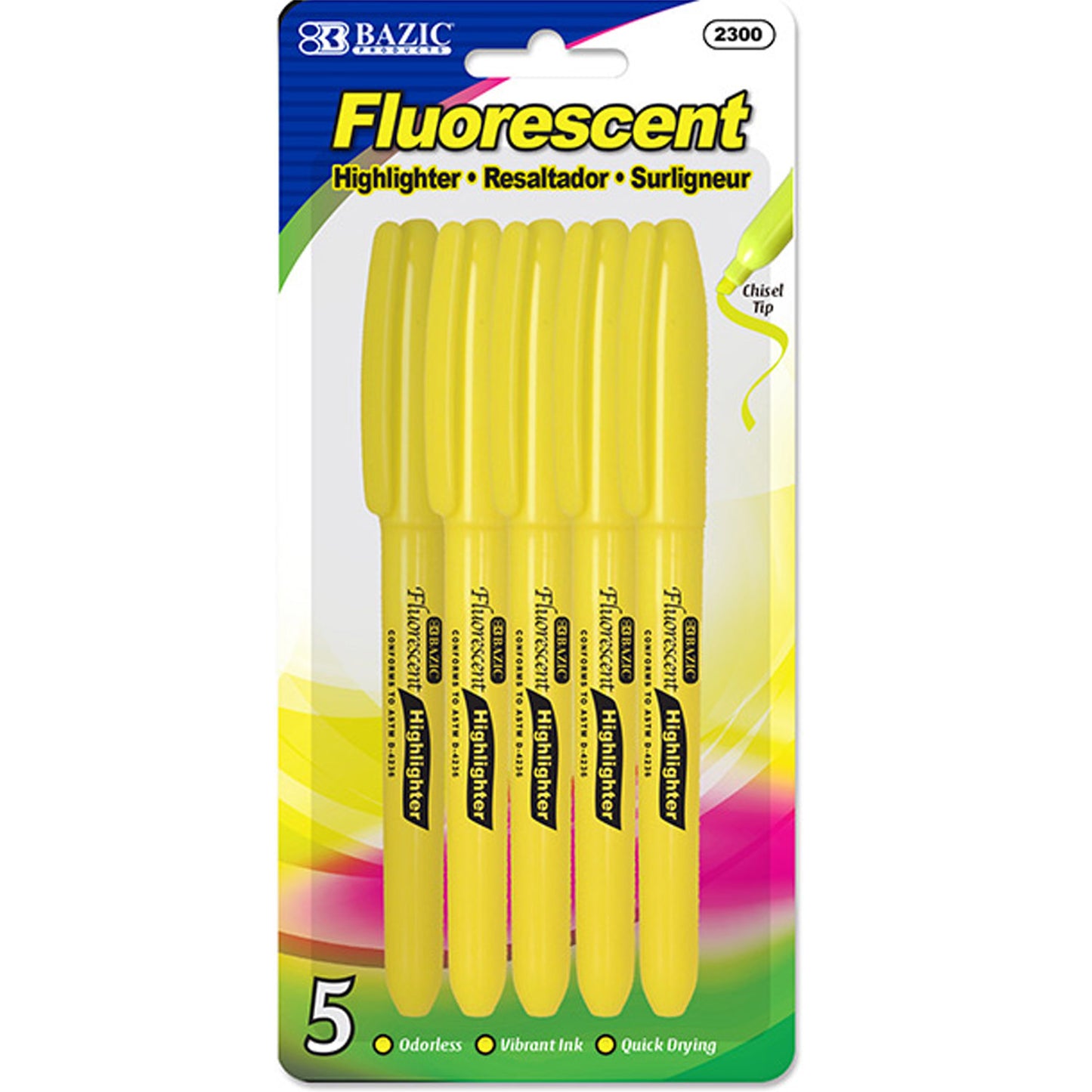 Yellow Color Pen Style Fluorescent Highlighter w/Pocket Clip, Unscented Quick Dry (5/Pack)