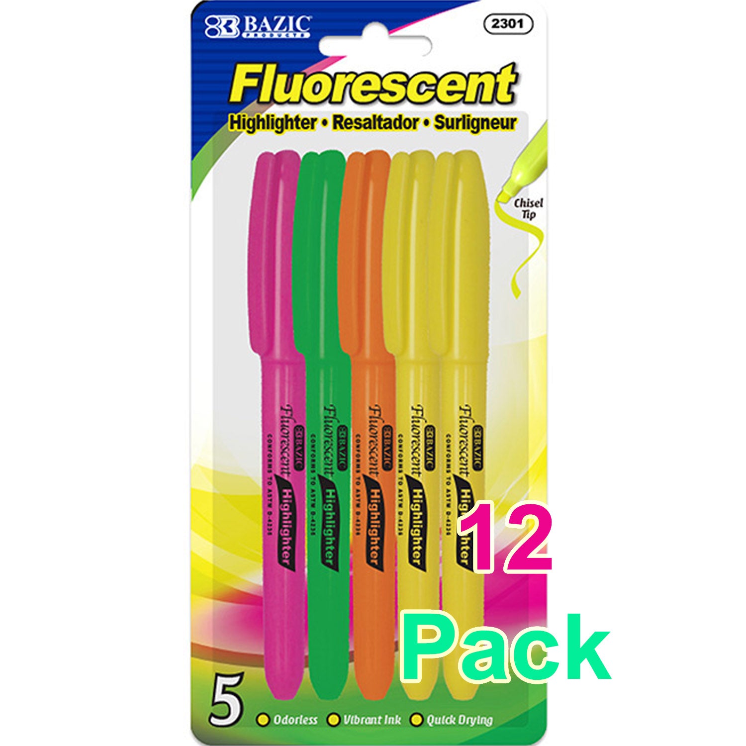 Assorted Color Pen Style Fluorescent Highlighter w/Pocket Clip, Unscented Quick Dry (5/Box)