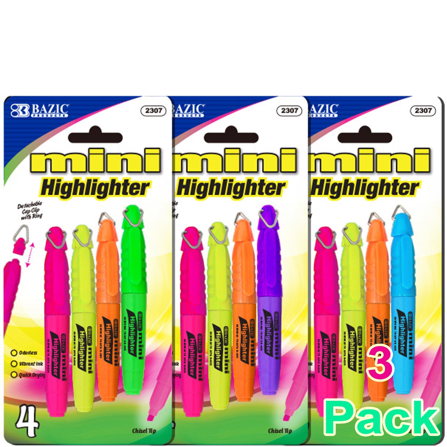 Mini Fluorescent Highlighter w/Cap Clip, Chisel Tip Neon Unscented Quick Dry (4/Pack)