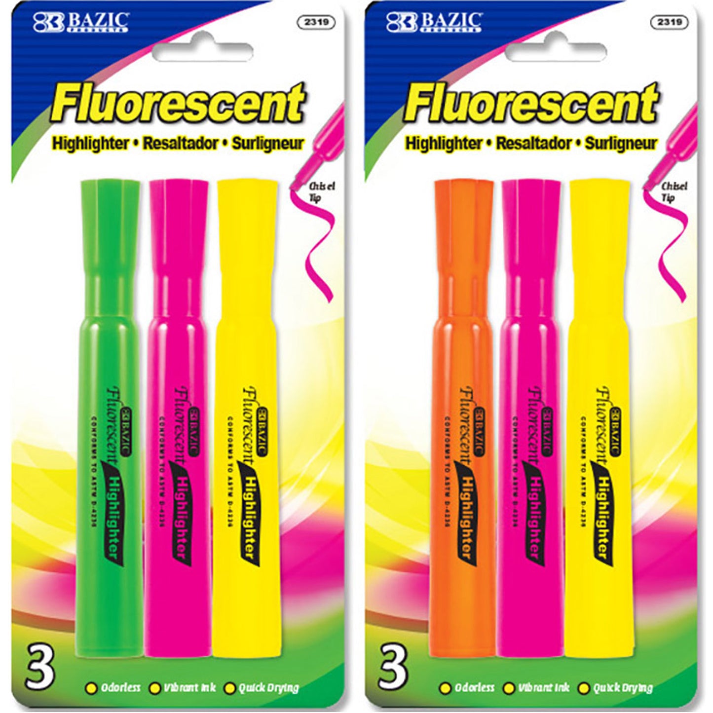 Assorted Colors Desk Style Neon Highlighters, Unscented Quick Dry (3/Pack)