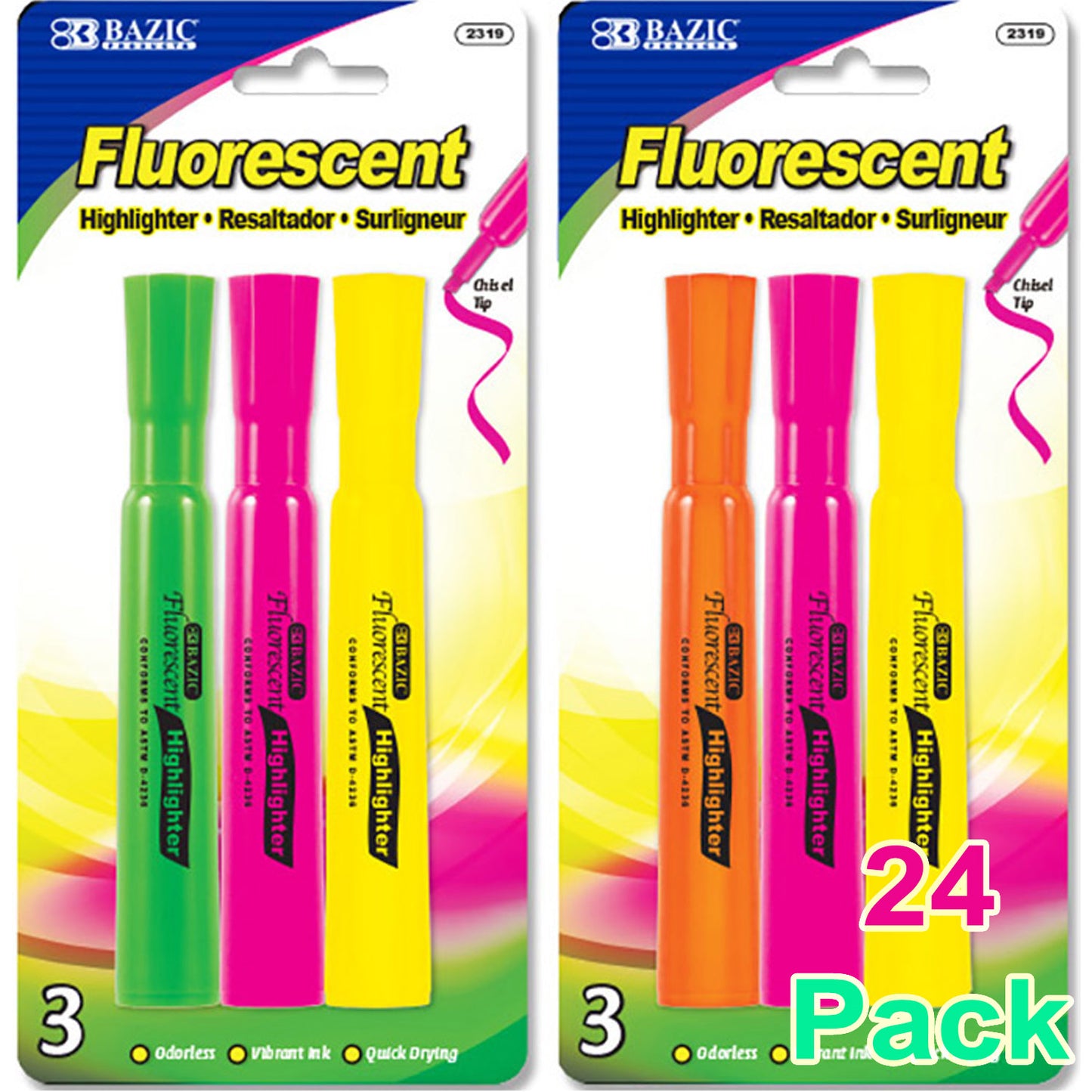 Assorted Colors Desk Style Neon Highlighters, Unscented Quick Dry (3/Pack)