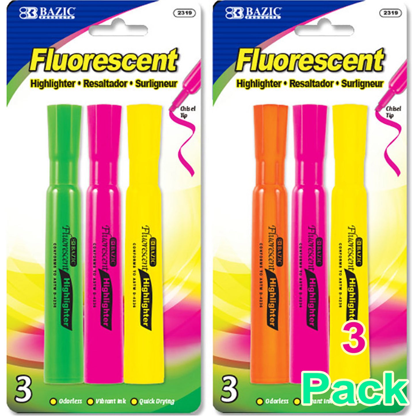 Assorted Colors Desk Style Neon Highlighters, Unscented Quick Dry (3/Pack)