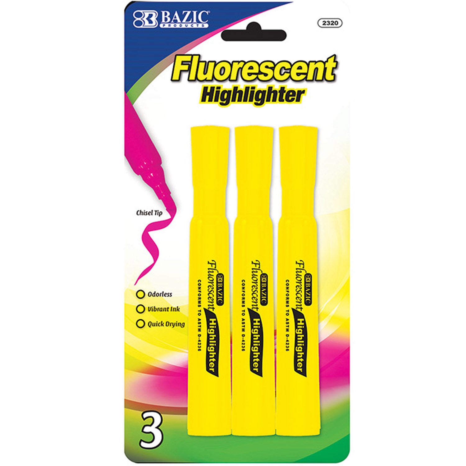 Yellow Colors Desk Style Neon Highlighters, Unscented Quick Dry (3/Pack)