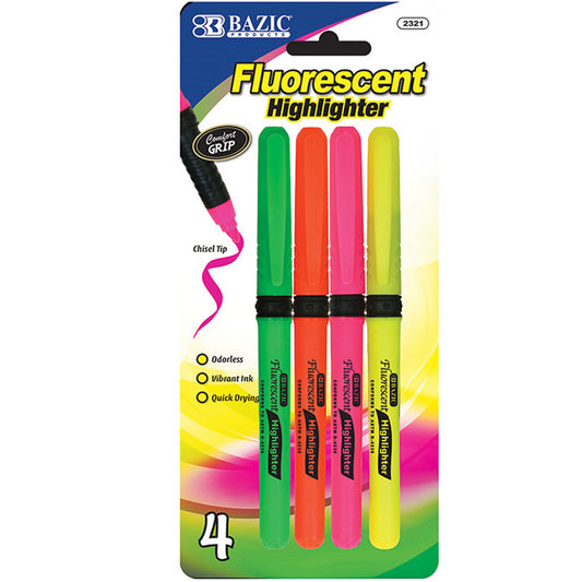 Pen Style Neon Highlighters w/Cushion Grip,Unscented Quick Dry (4/Pack)