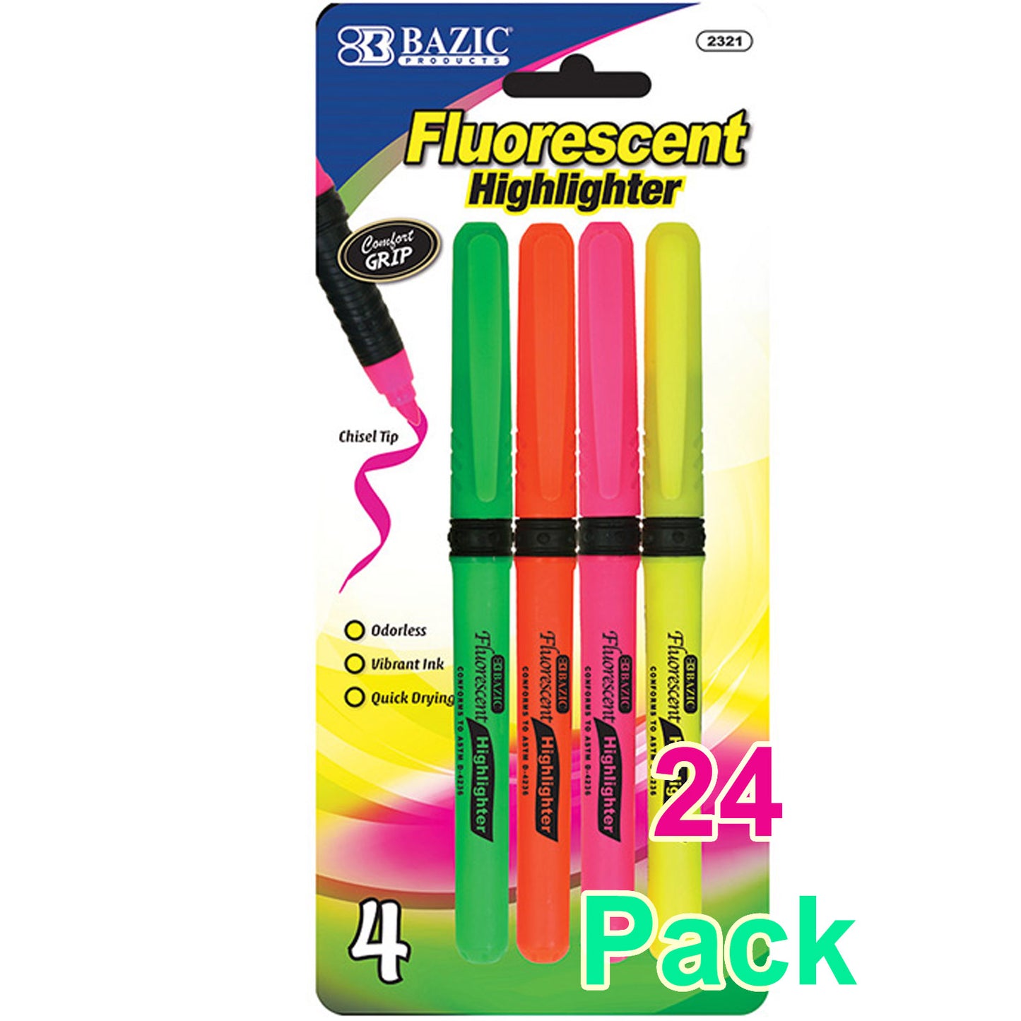 Pen Style Neon Highlighters w/Cushion Grip,Unscented Quick Dry (4/Pack)