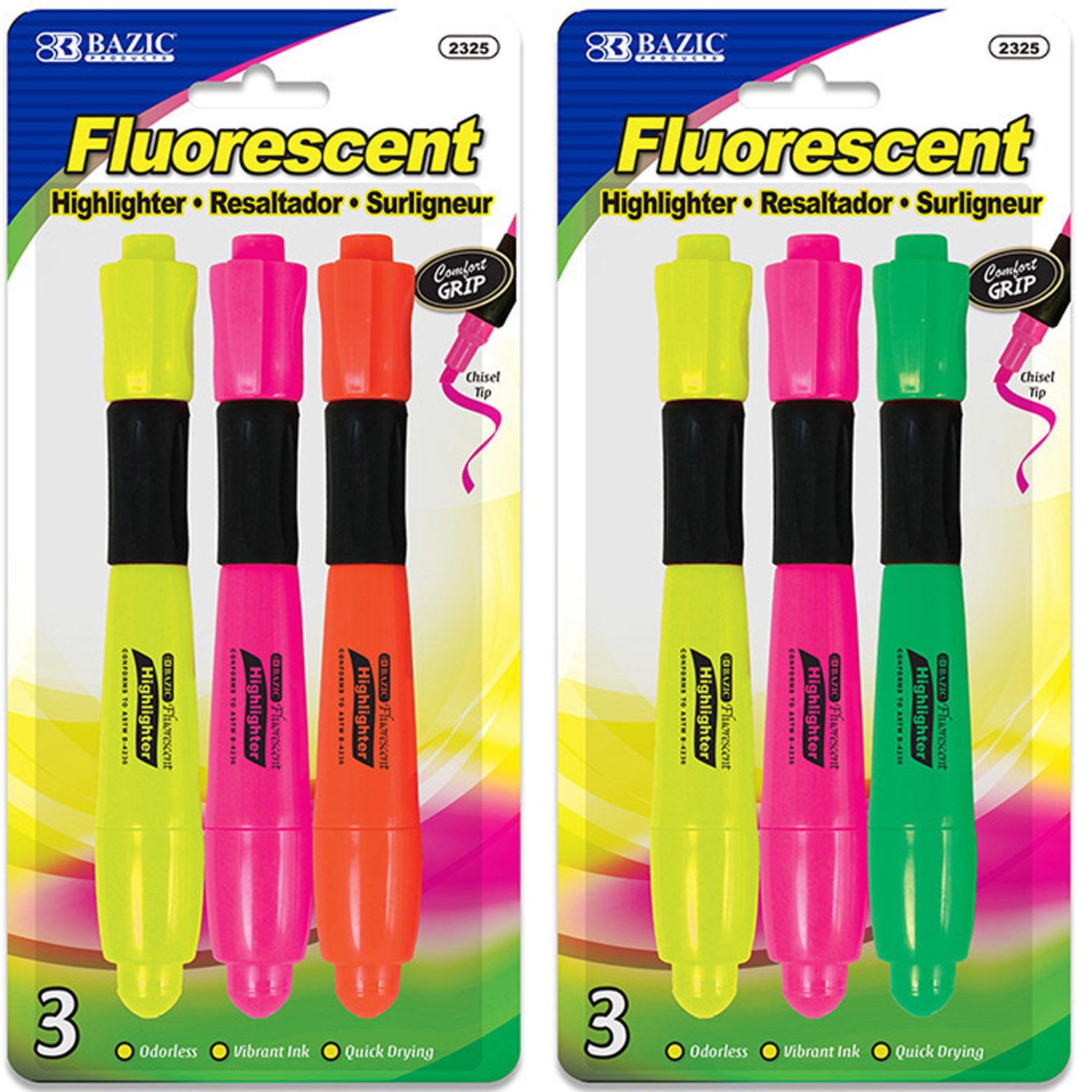 Assorted Desk Style Neon Highlighters w/ Cushion Grip, Unscented Quick Dry (3/Pack)