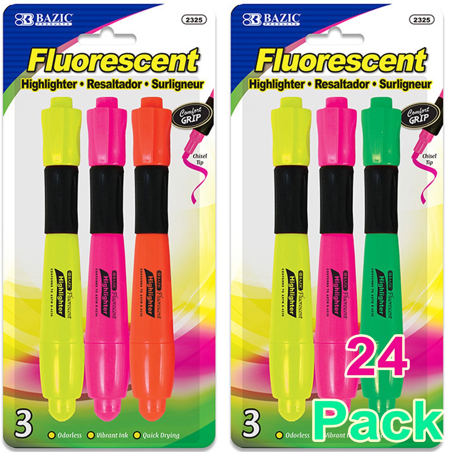 Assorted Desk Style Neon Highlighters w/ Cushion Grip, Unscented Quick Dry (3/Pack)