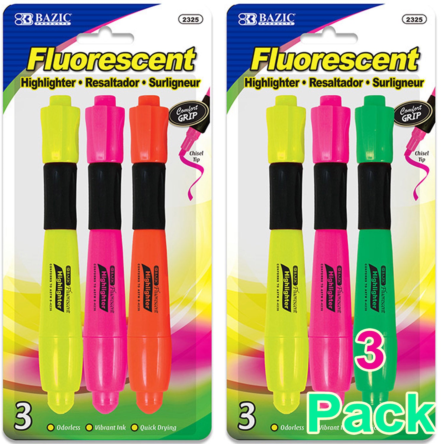 Assorted Desk Style Neon Highlighters w/ Cushion Grip, Unscented Quick Dry (3/Pack)