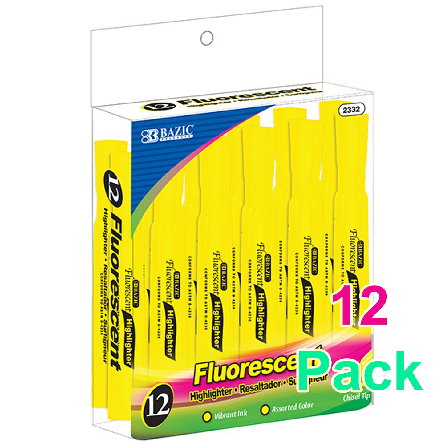 Yellow Colors Desk Style Neon Highlighters, Unscented Quick Dry (12/Box)