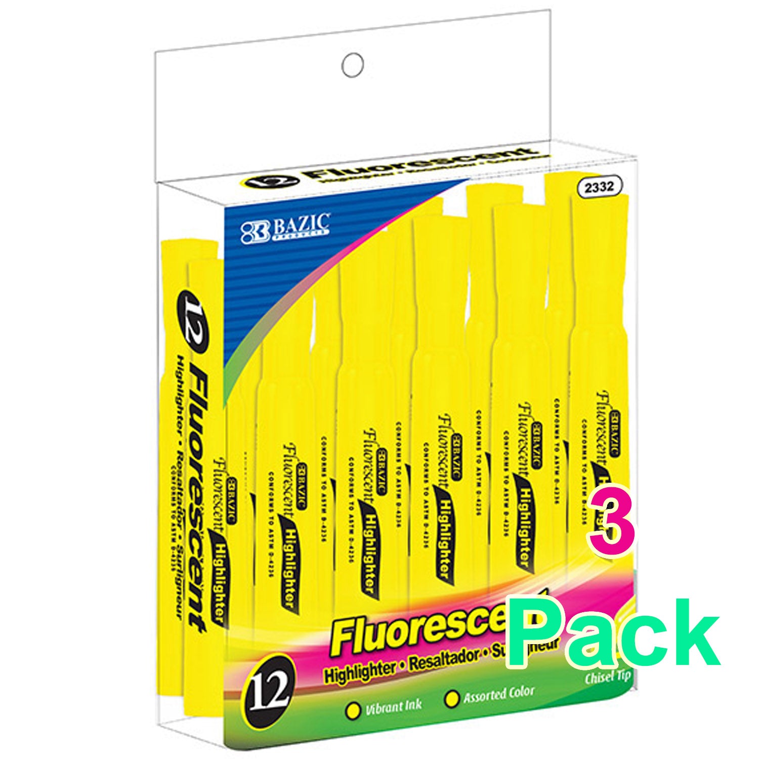 Yellow Colors Desk Style Neon Highlighters, Unscented Quick Dry (12/Box)