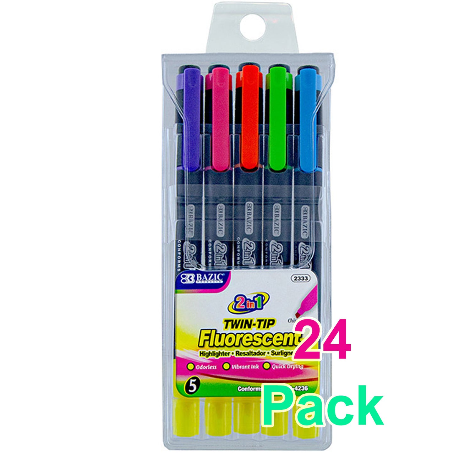 Double Tip Neon Highlighters, Unscented Quick Dry (5/Pack)