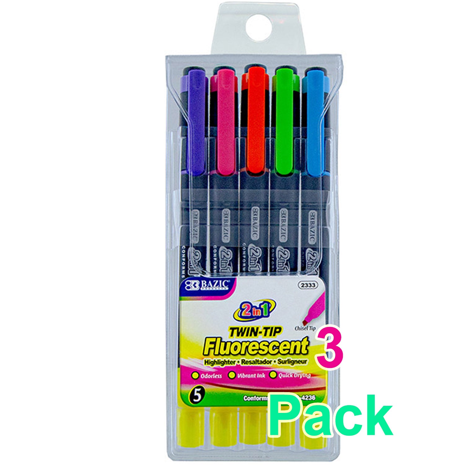 Double Tip Neon Highlighters, Unscented Quick Dry (5/Pack)