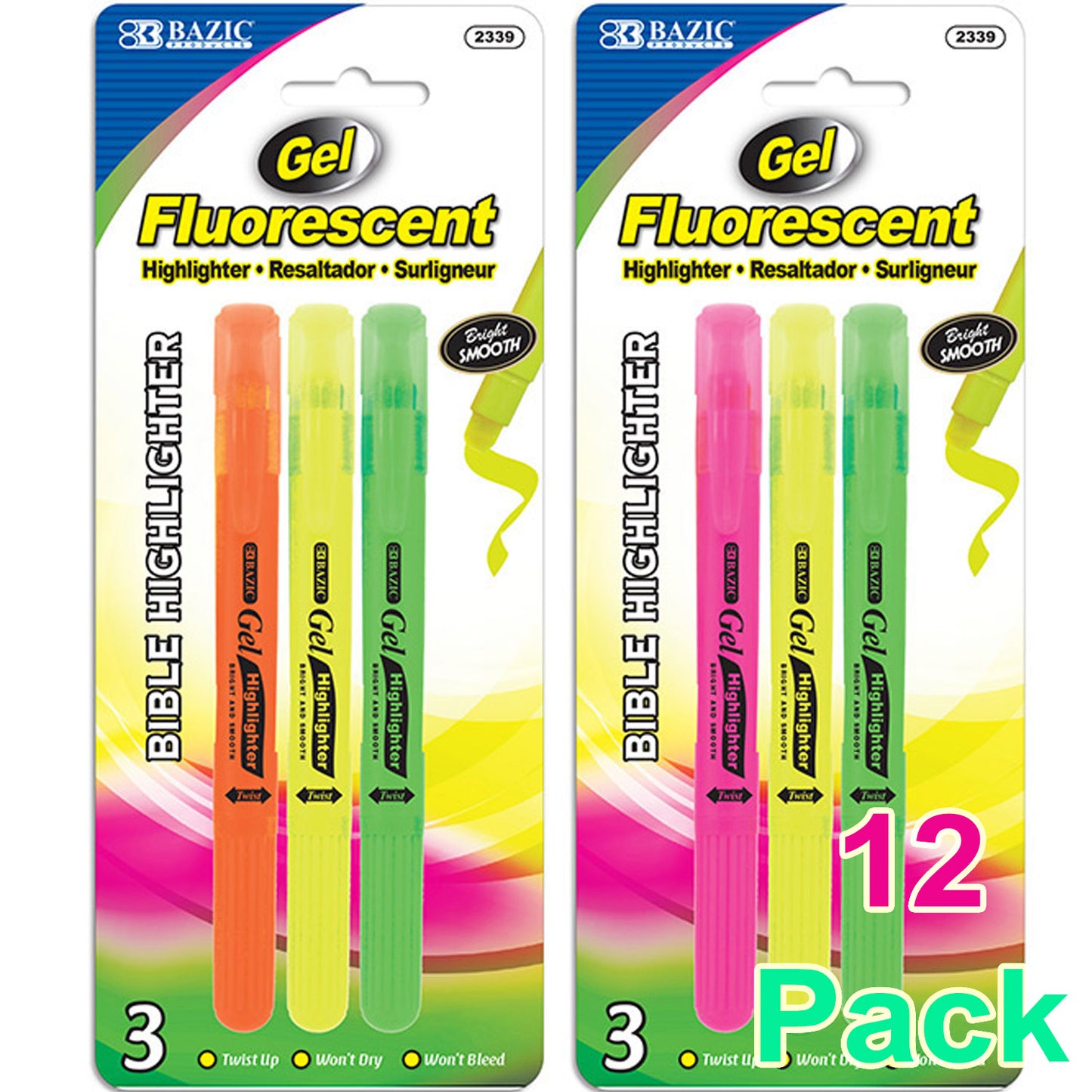 Fluorescent Gel Highlighters, Quick dry (3/Pack)