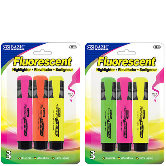 Neon Highlighters w/Pocket Clip, Chisel Tip Broad Fine Line, Unscented Quick Dry (3/Pack)