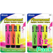 Neon Highlighters w/Pocket Clip, Chisel Tip Broad Fine Line, Unscented Quick Dry (3/Pack)