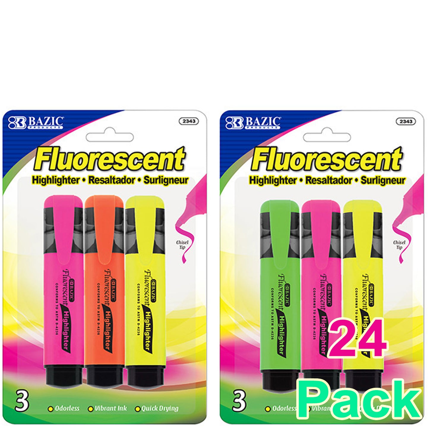 Neon Highlighters w/Pocket Clip, Chisel Tip Broad Fine Line, Unscented Quick Dry (3/Pack)