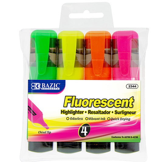 Neon Highlighters w/Pocket Clip, Chisel Tip Broad Fine Line, Unscented Quick Dry (4/Pack)