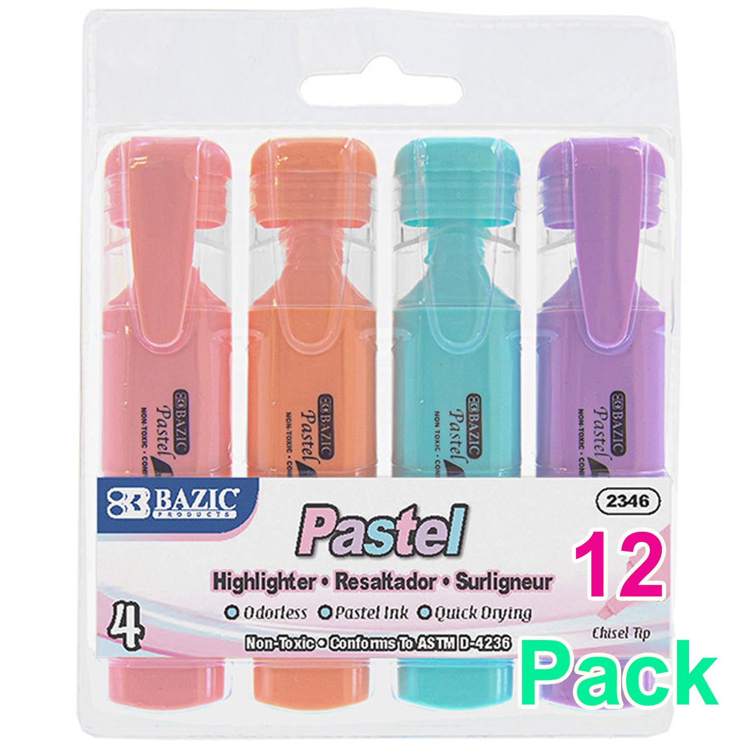 Pastel Highlighters w/Pocket Clip (4/Pack)