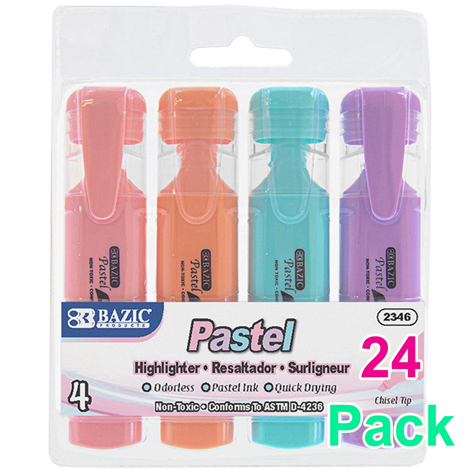 Pastel Highlighters w/Pocket Clip (4/Pack)