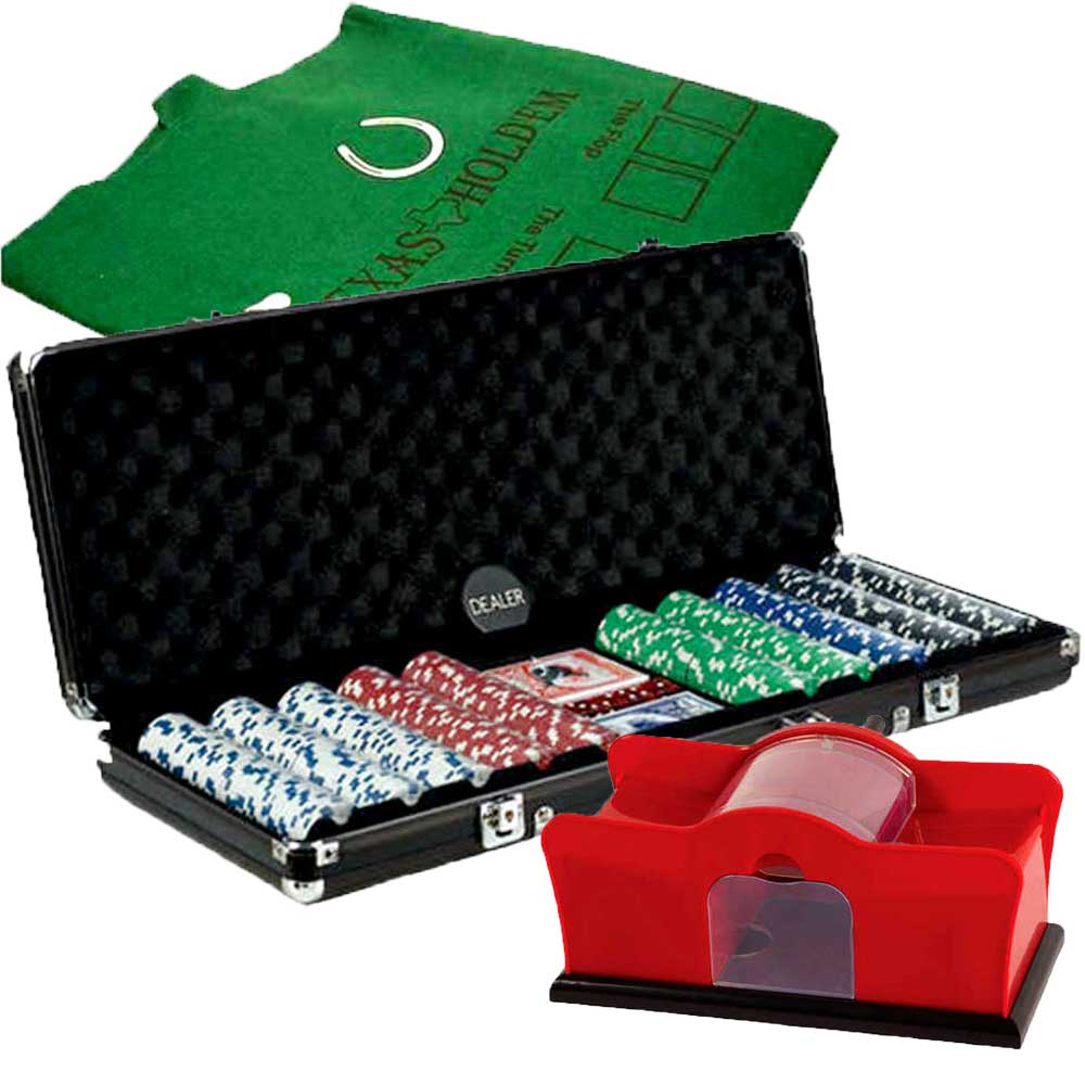 500 Chips Black Aluminum Case Poker Set + Texas Hold'em &amp; Blackjack Layout + 2 Deck Card Shuffler G8Central