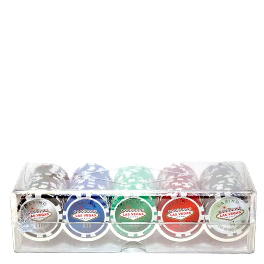 100‑Piece 11.5g Poker Chips Set with Dice, Suited & Las Vegas Designs in Clear Plastic Case G8Central
